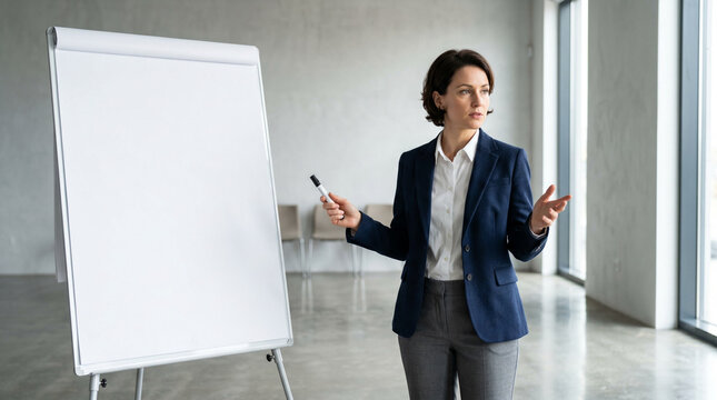 Professional woman in a dark blazer stands alone before a blank flip chart and gestures expressively in a minimalist concrete conference hall with floor-to-ceiling windows, great for training themes.