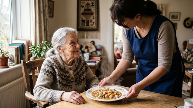 Home caregiver offering a nourishing plate of vegetables and stew to a smiling elderly woman, capturing companionship and attentive support during a cozy meal in a warmly decorated home.
