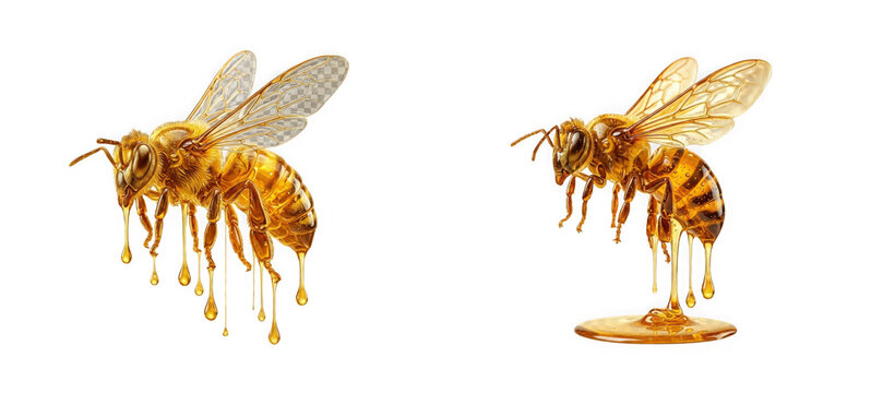 Honey bee made of golden liquid honey dripping isolated on transparent background