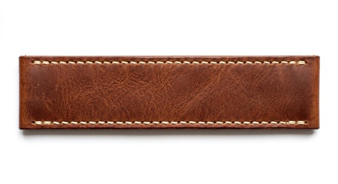 Brown leather strap with stitching on white background