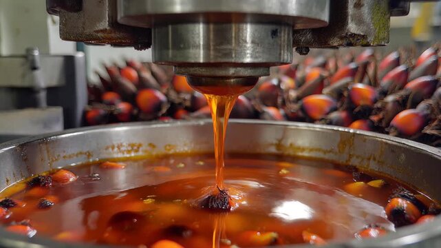 Palm oil extraction process, industrial machine pressing red palm fruits, producing crude oil, symbolizing food production and industry