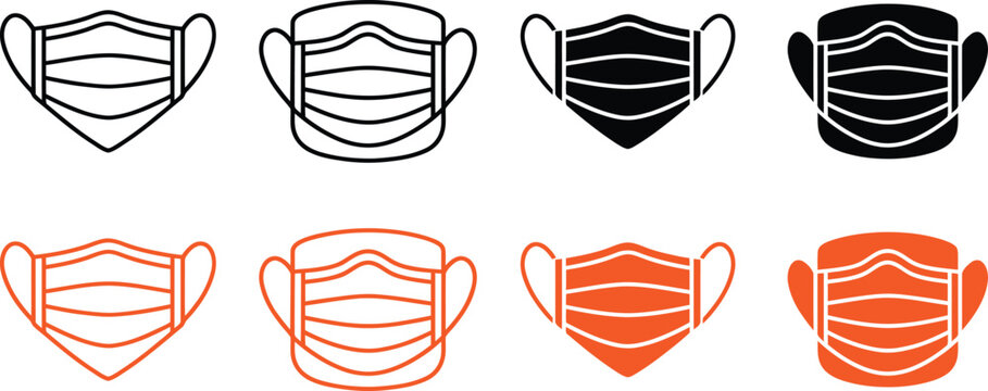 Set of black and orange medical face masks icons for health and safety designs