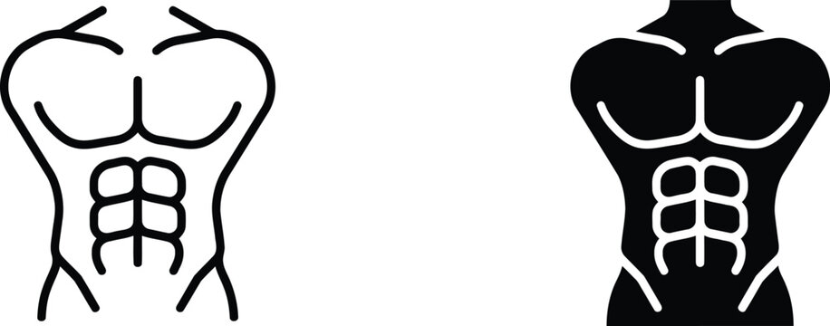 Stylized line art and solid icon representations of a muscular male torso with six pack abs