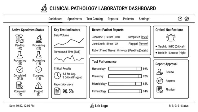 Clinical pathology laboratory performance dashboard screenshot.