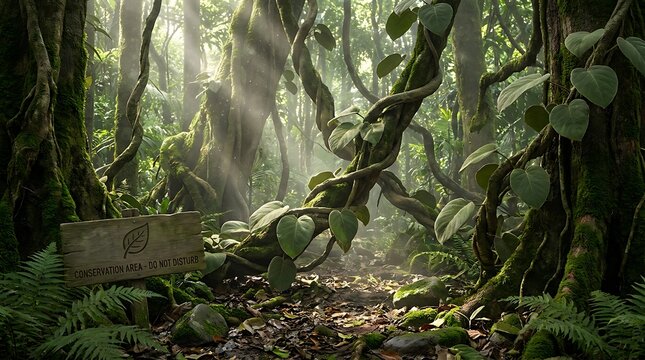 Butea superba growing wild in a lush tropical conservation area rainforest featuring mossy trees and climbing vines under soft morning sunlight rays