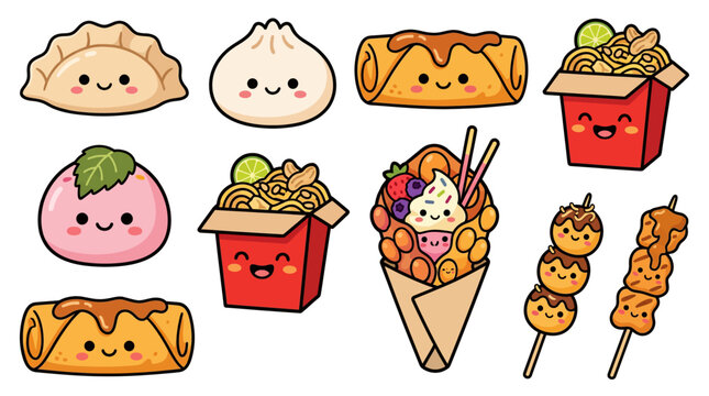 Cute kawaii Asian street food sticker set dumplings bao spring roll takoyaki mochi bubble waffle vector