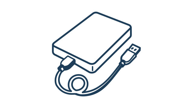 Vector illustration of a portable external hard drive line icon illustrating a slim plug-and-play disk drive used for transporting digital files between computers and workstations.