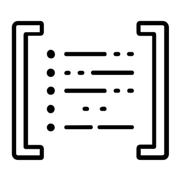 Vector illustration of a computer coding syntax brackets line icon featuring open and close curly braces used in code notation for software engineering and application development.