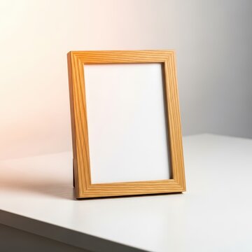 A sleek, empty wooden picture frame stands upright on a white table, ready for a cherished memory or artwork to be displayed and admired, contemporary, display, clean