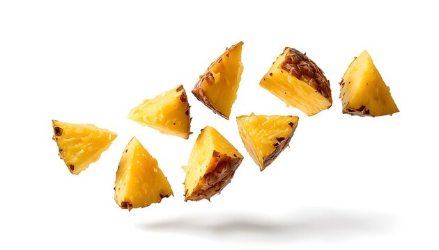 Eight pineapple chunks floating in midair against white background symbolizing tropical fruit freshness motion vitality and vibrant appeal