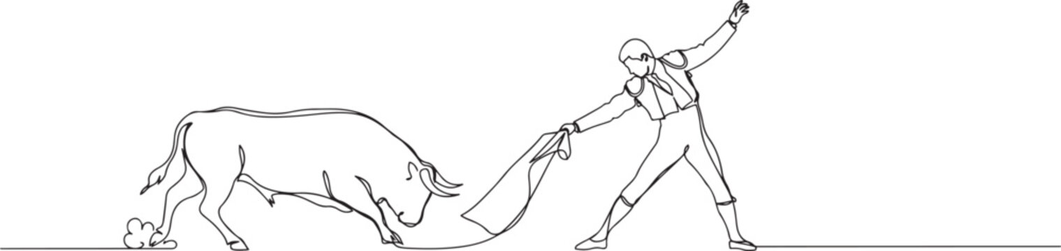 Spanish bullfighter - Matador in single outline illustration. Continuous line art drawing of matador during the bullfight. one line icon drawing vector