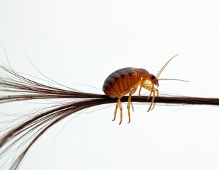 Fototapeta premium Human louse crawls on dark hair strand against white background. Tiny parasite Pediculus humanus shows visible legs and antennae. Macro view of insect pest.