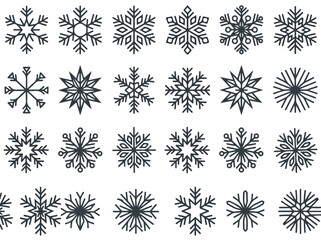 Obraz premium Collection of diverse intricate snowflake designs in a clean, minimalist line art style on a white background