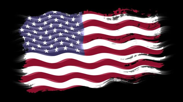 Waving torn United States flag grunge brush burn light leaks, transparent background alpha channel loop full HD