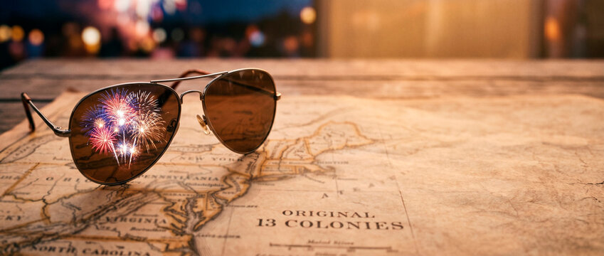 Sunglasses reflecting colorful fireworks on an old map of the original 13 American colonies. Patriotic concept for Independence Day celebration. History and travel adventure in USA.