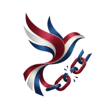 Juneteenth freedom day concept illustration with a stylized flying dove made of red white and blue ribbons breaking a chain, 3D render graphic asset isolated on transparent background