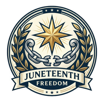 Juneteenth freedom day circular emblem with star and ribbon on transparent background