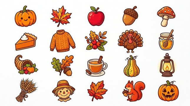 Autumn icons isolated on white background with various fall elements