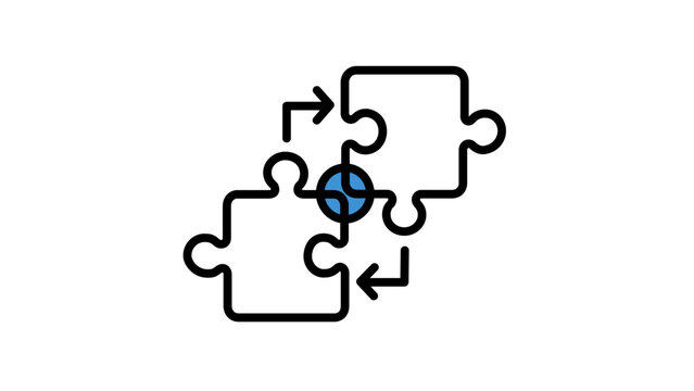 Vector illustration of team collaboration puzzle pieces connecting line icon depicting interlocking puzzle shapes for teamwork and collaborative business partnership concept illustrations.