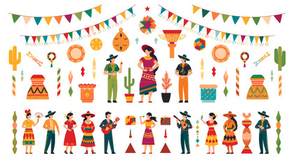 Fototapeta premium Vibrant Mexican Fiesta Scene with Diverse Characters, Traditional Attire, Musical Instruments, and Festive Decorations.