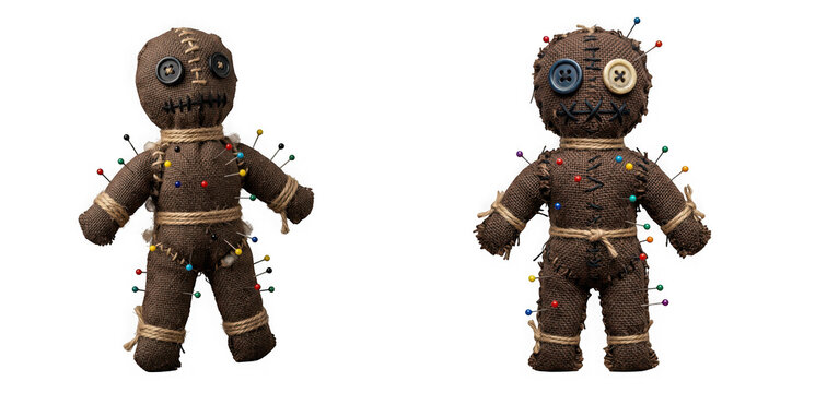 Two voodoo dolls with colorful pins isolated on transparent background