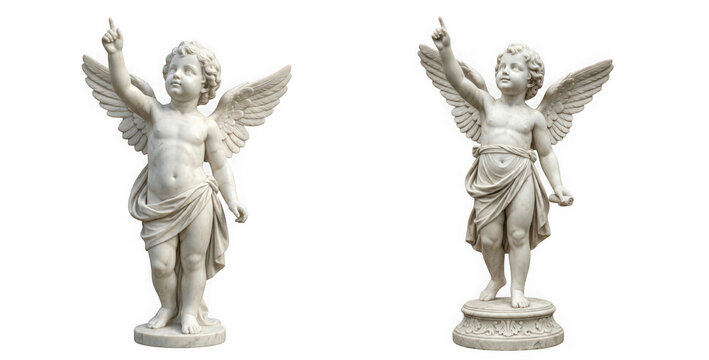 Two white marble statues of cherubs or angels pointing upwards isolated on transparent background