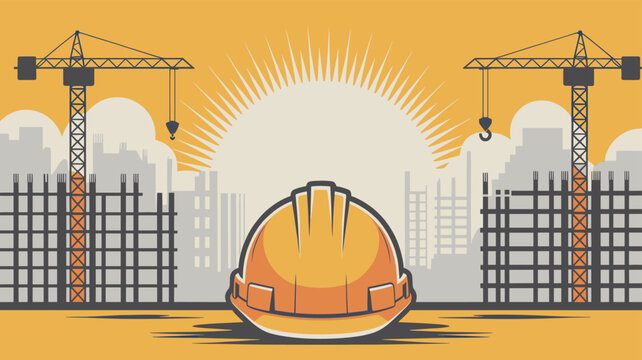 Construction site with cranes, partially built structures, a cityscape silhouette, and a hard hat under a rising sun.