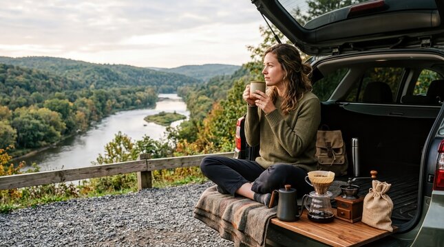 outdoor coffee experience, a relaxed individual enjoys coffee from their cars tailgate at a riverside