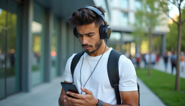 Young man with headphones listens to music on his phone, walks down city street. Student carries backpack, focused on smartphone screen, oblivious to surroundings, busy urban environment.
