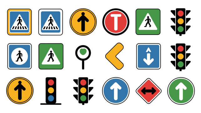 A collection of diverse traffic signs and signal lights, including pedestrian crossings, directional arrows, and stoplights, against a white background.