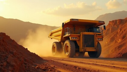 Fototapeta premium Giant yellow mining truck drives on dirt road raising dust. Huge vehicle transports ore from open pit mine. Industrial landscape with mountains at sunset. Heavy machinery at work.