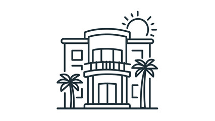 Fototapeta premium Vector illustration of a minimalist multi-story hotel building exterior facade line icon, clean vector design for accommodation hospitality and travel architecture graphics