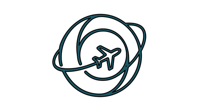 Vector illustration of a world globe encircled by an airplane flight path line icon, minimalist clean vector graphic for international travel and global airline design