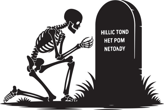 Skeleton kneeling at a tombstone, illustration of a dead person mourning at a grave, silhouette of a skeleton praying at a headstone
