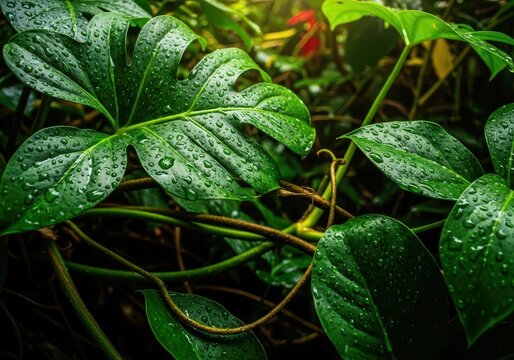 A close-up shot emphasizing the lush, wet textures of large tropical leaves and dense undergrowth in a humid, vibrant jungle environment, palm, background, forest