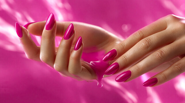 A close-up view of a woman's hands showcasing stylish fuchsia gel polish.