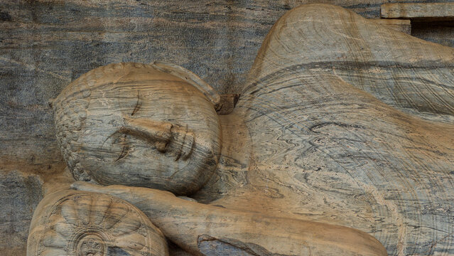 Reclining buddha carving at gal vihara polonnaruwa sri lanka