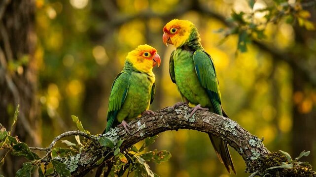 two carolina parakeets close up at golden light in north america