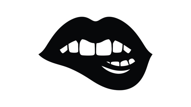 Minimalist black and white vector illustration of biting lips featuring a bold graphic design style