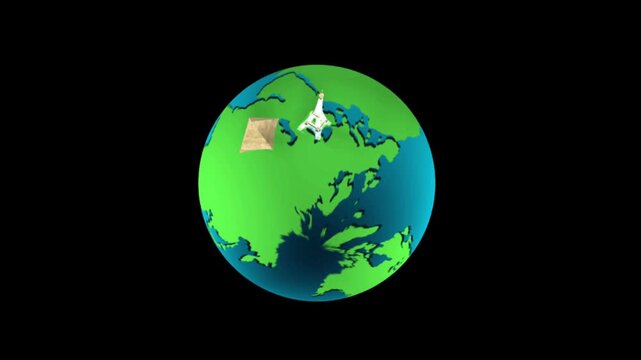 Yellow plane flying around planet earth isolated on black background for global travel concept and stock video design