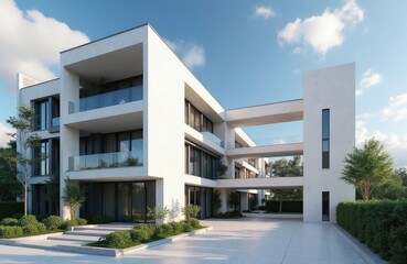 Fototapeta premium Modern white residential building complex entrance with balconies and large windows. Green plants and trees surround the luxury property. Sunny daytime sky with clouds above.