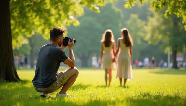 Man with camera photographs two women in park. Sunny day, green grass, trees. People walk in background. Friends pose together outdoors. Capturing memories and good times.