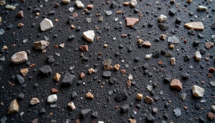 Fototapeta premium Detailed closeup dark terrazzo surface. Aggregate mix shows stone chips in grey black brown red hues. Material texture ideal background design element. Rough speckled pattern suits construction decor