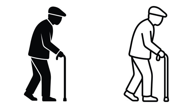 Elderly Man With Walking Cane Silhouette On White Background