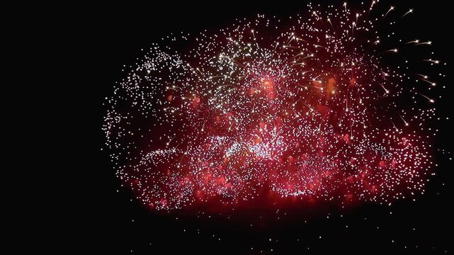Experience the dazzling display as colorful firework explosions illuminate the night during Independence day celebrations. Watch as sparks dance in the dark.