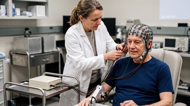 medical innovations, a researcher and patient engage in a brain-computer interface test