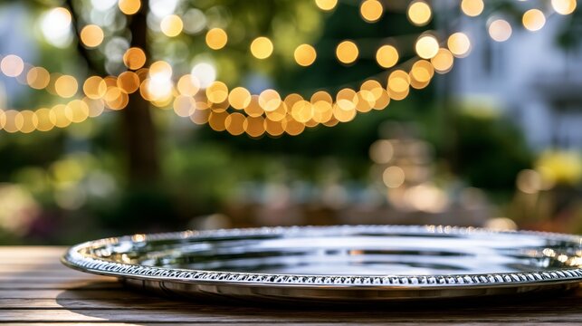Empty polished silver platter rests on wooden table, blurred background of outdoor string lights bokeh