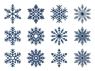 Fototapeta premium Collection of twelve unique dark blue snowflake icons with intricate geometric patterns on a white background