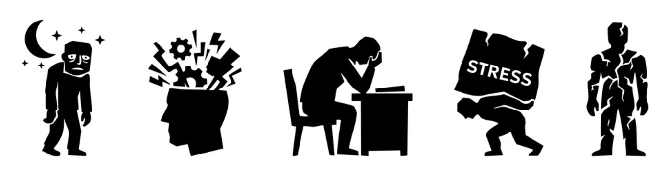 Mental breakdown and chronic fatigue icon set. Brutalist black silhouettes of headache, severe stress, insomnia, and emotional depression