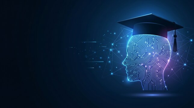 AI education concept A futuristic human head silhouette with integrated circuit board patterns and a graduation cap on a dark blue tech background.